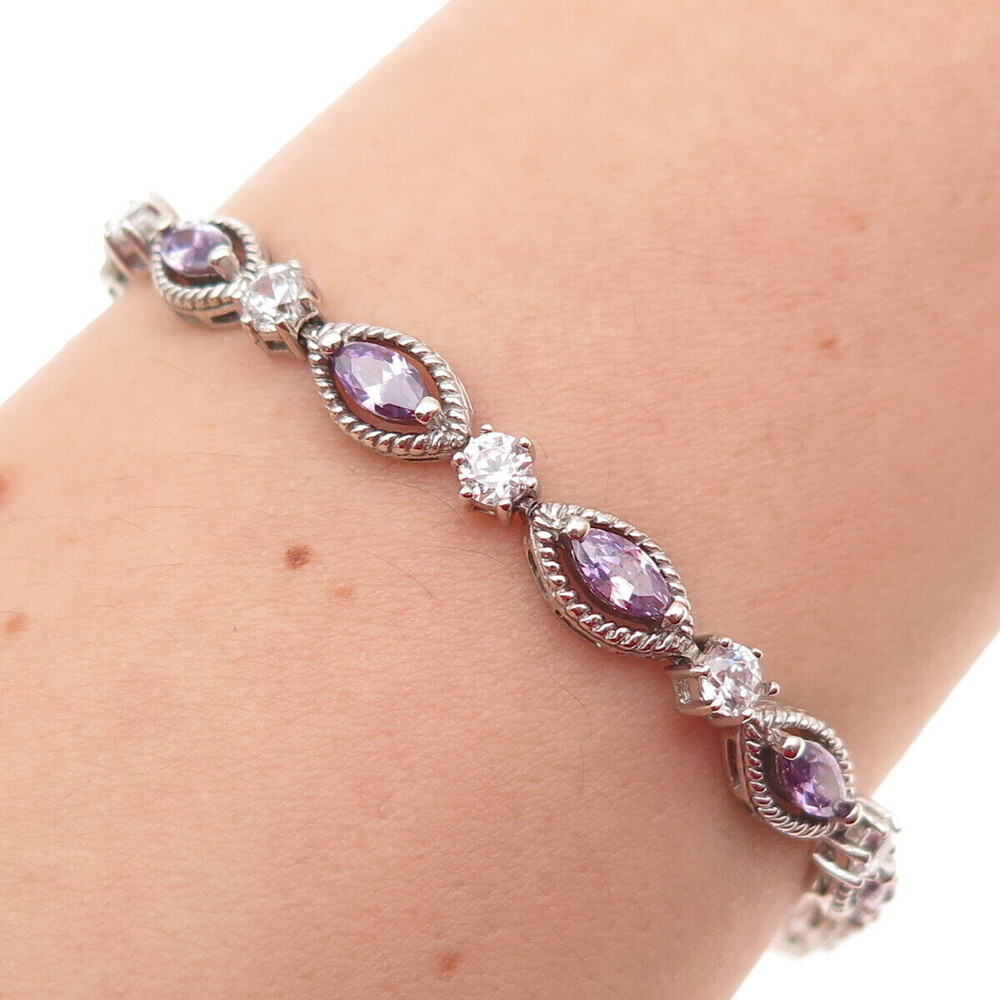 925 Sterling Silver Marquise-Cut Purple & Round-Cut White C Z Bracelet 7.25"